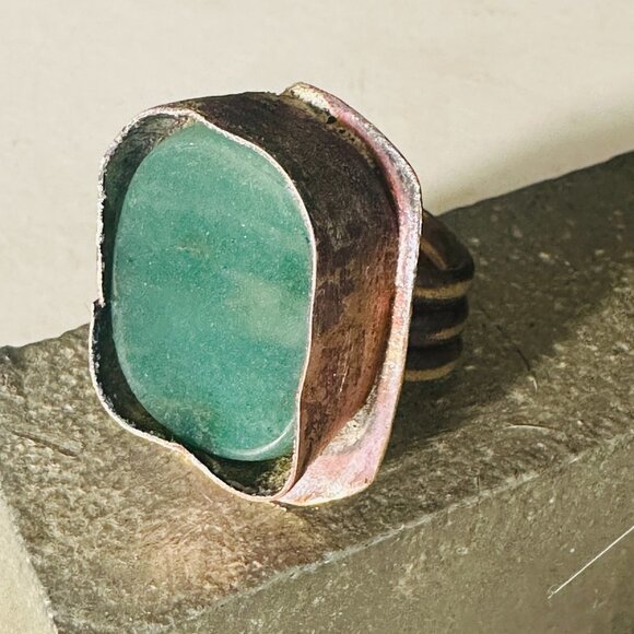 Genuine Jade Brass Copper Ring Size 8.5 Handmade Brutalist OOAK Artisan Rustic - Picture 9 of 10